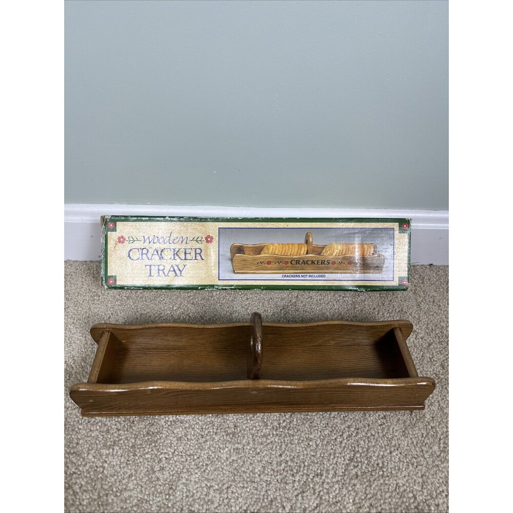 Vintage Farm house Wooden Cracker Serving Tray Fold Down‎ Handle Original Box